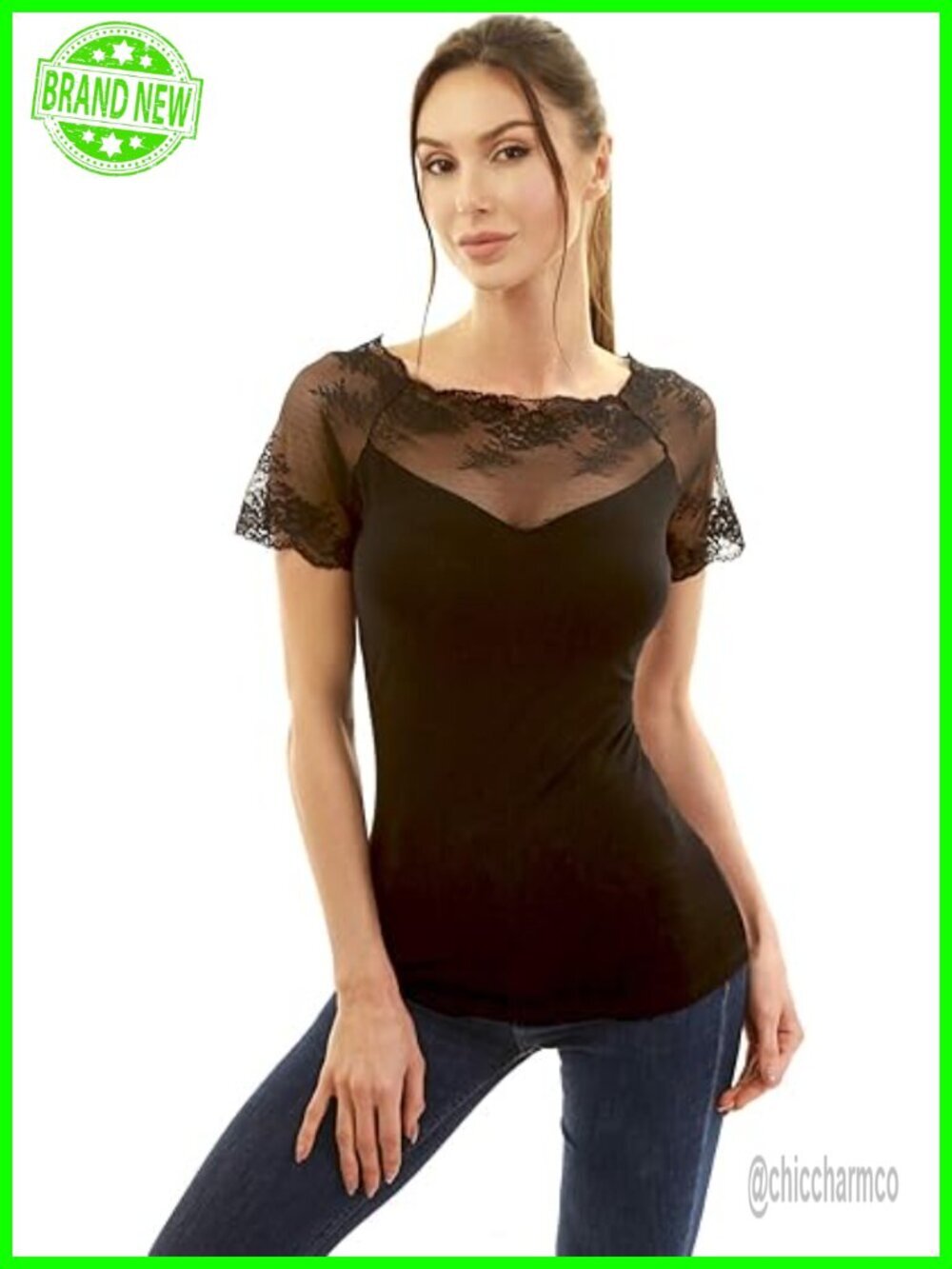 Women Lace Raglan Top Boat Neck Scallop Blouse